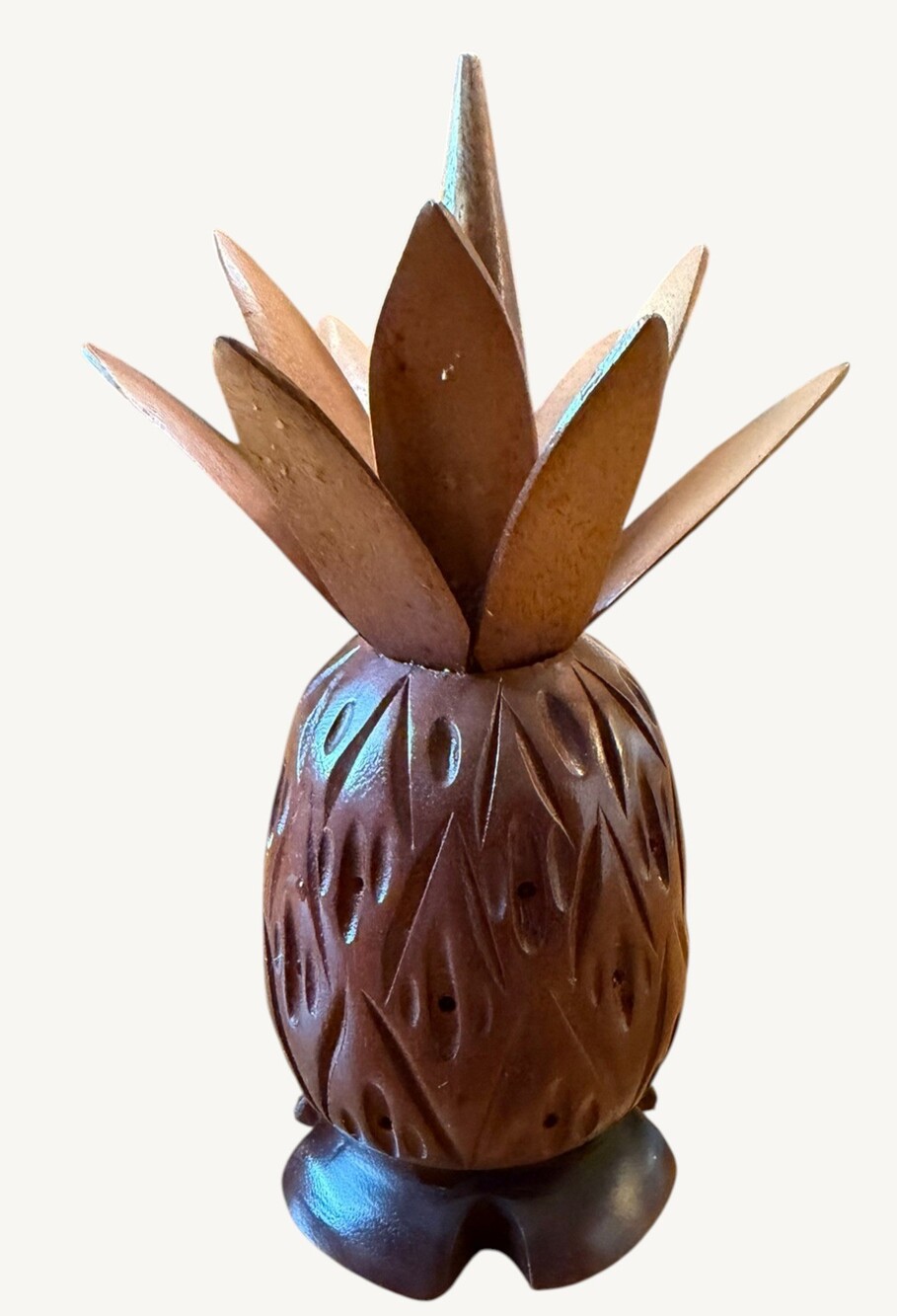 Vintage Hawaiian Hand Carved Wood Pineapple Sculpture Hilo Hawaii Signed 9"